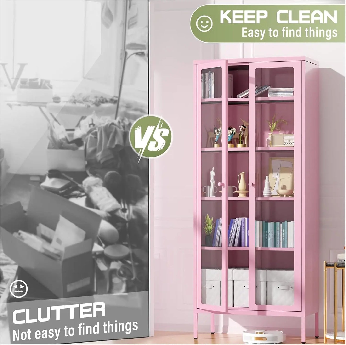 Pink Glass Door Storage Cabinet with 4 Adjustable Shelves - Modern Tall Cabinet for Home Office, Living Room, Pantry