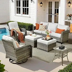 6 Pieces Patio Furniture Set, Outdoor Wicker Sofa Couch with Rocking Swivel Chairs Comfy Cushions, Modern Deep Seat Rattan Conv