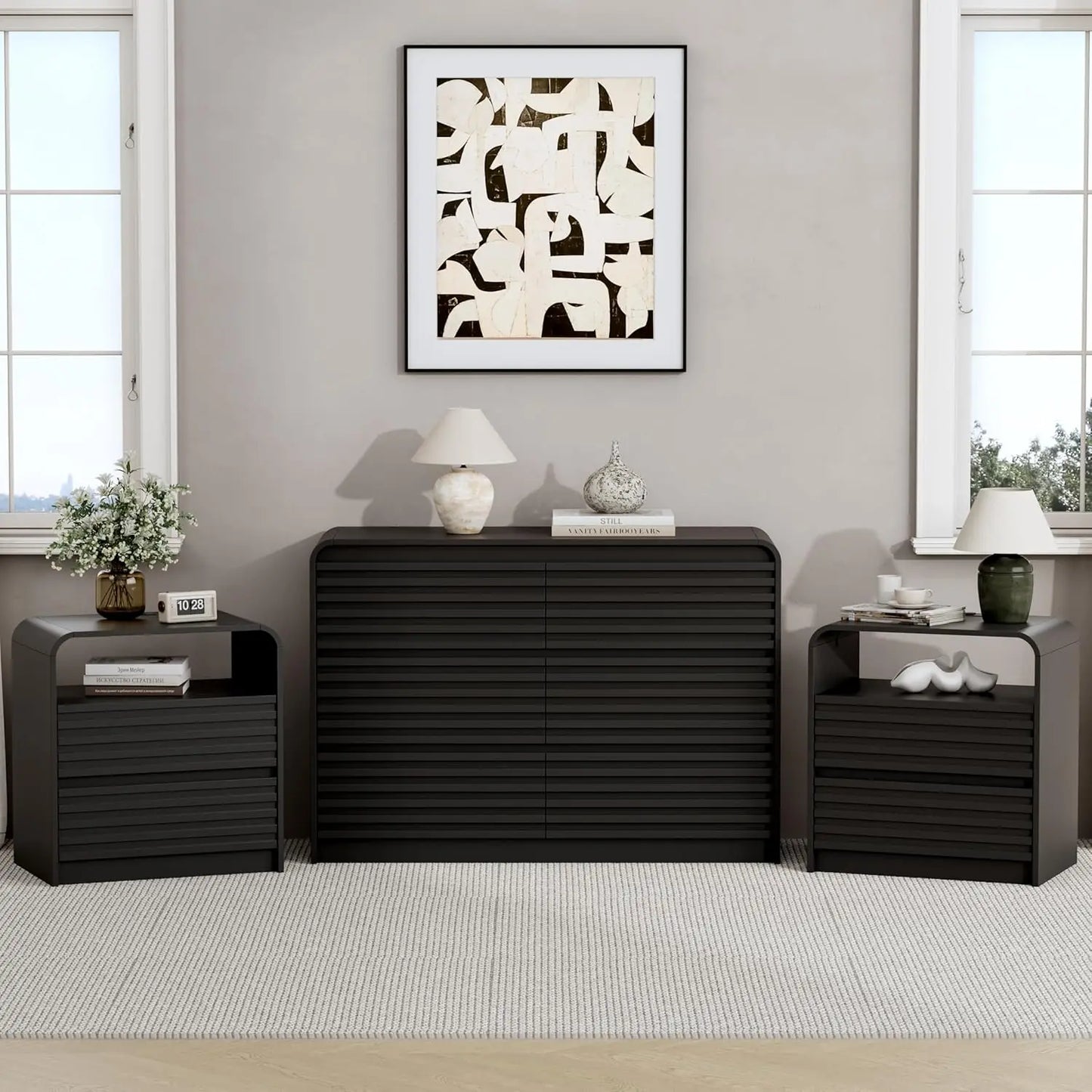 XIAOLANG 3-Piece Dresser and Nightstand Set Modern Fluted Profile