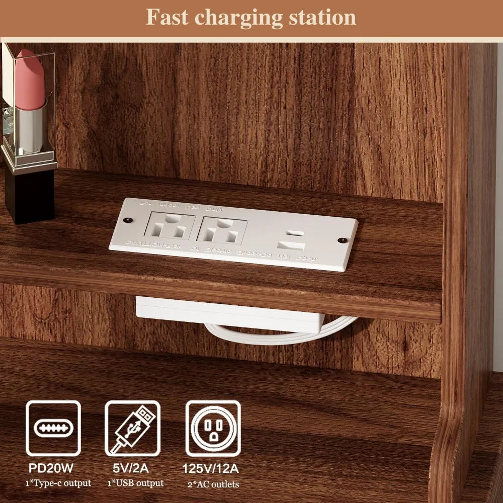 Vanity Desk With Mirror Lights And Eight Drawers Storage Shelves