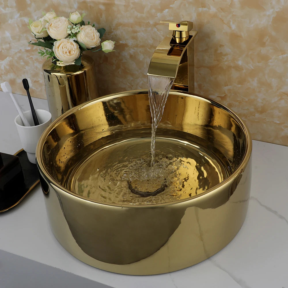 KEMAIDI 14.6'' Gold Round Vessel Sink with Faucet Ceramic Vessel Sink Bathroom Sinks Above Counter Vessel Sink Counter top Sink