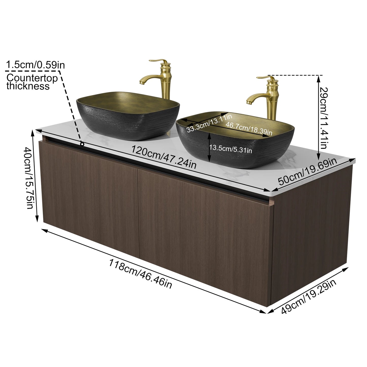 80/100/120CM Modern Floating Bathroom Vanity Sink Combo Wall Cabinet Set Ceramic Basin Stone Top Faucet and Flexible Hoses
