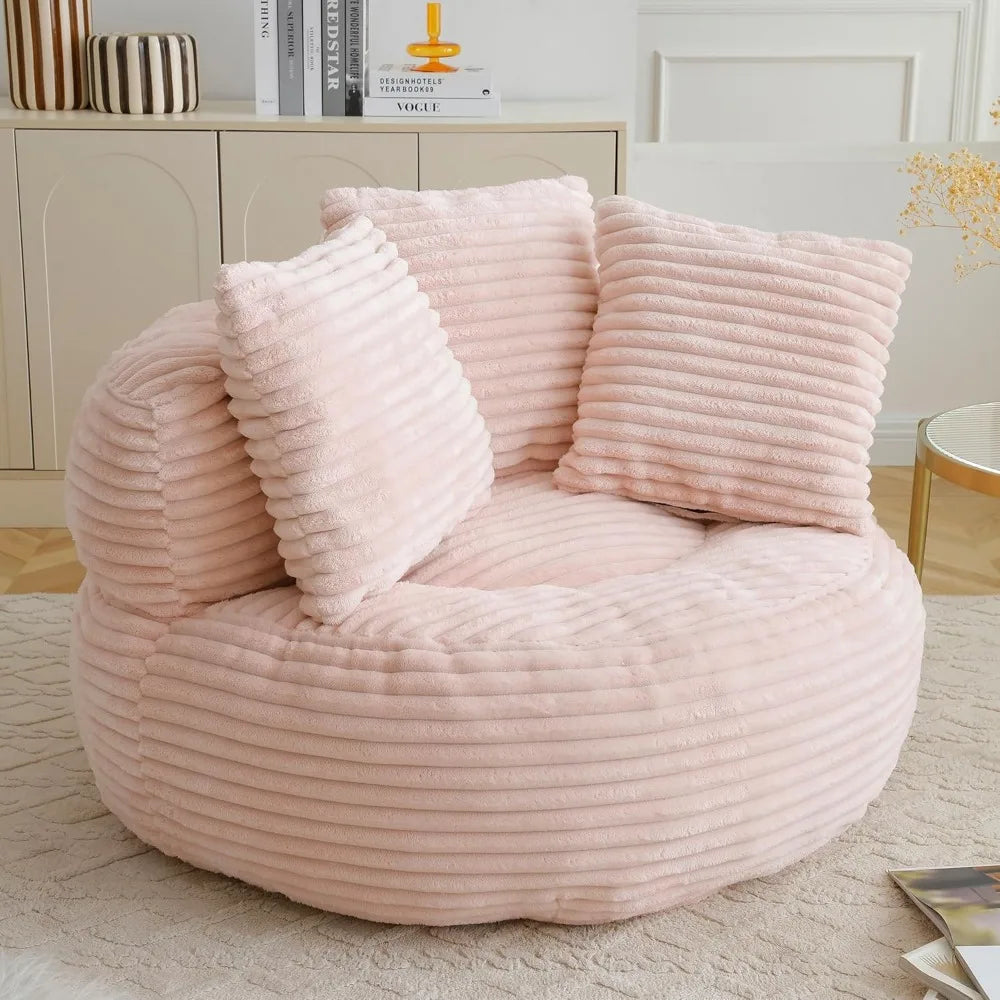 45 Oversized Bean Bag Chair Round with Armrests Corduroy Fabric 3 Pillows Comfy Lazy Sofa for Adults Living Room Bedroom Pink