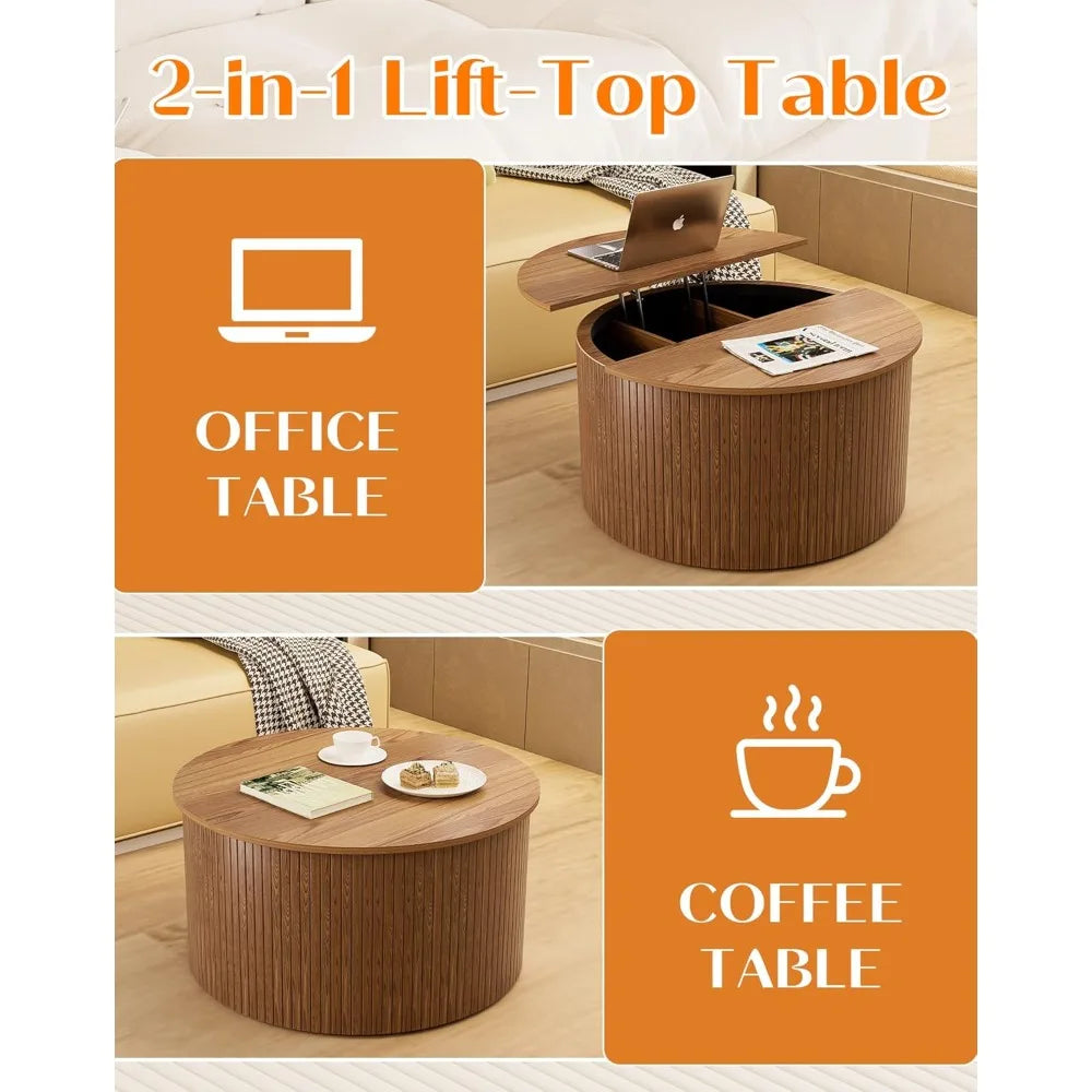 Fluted Round Lift Top Coffee Table With Storage Walnut