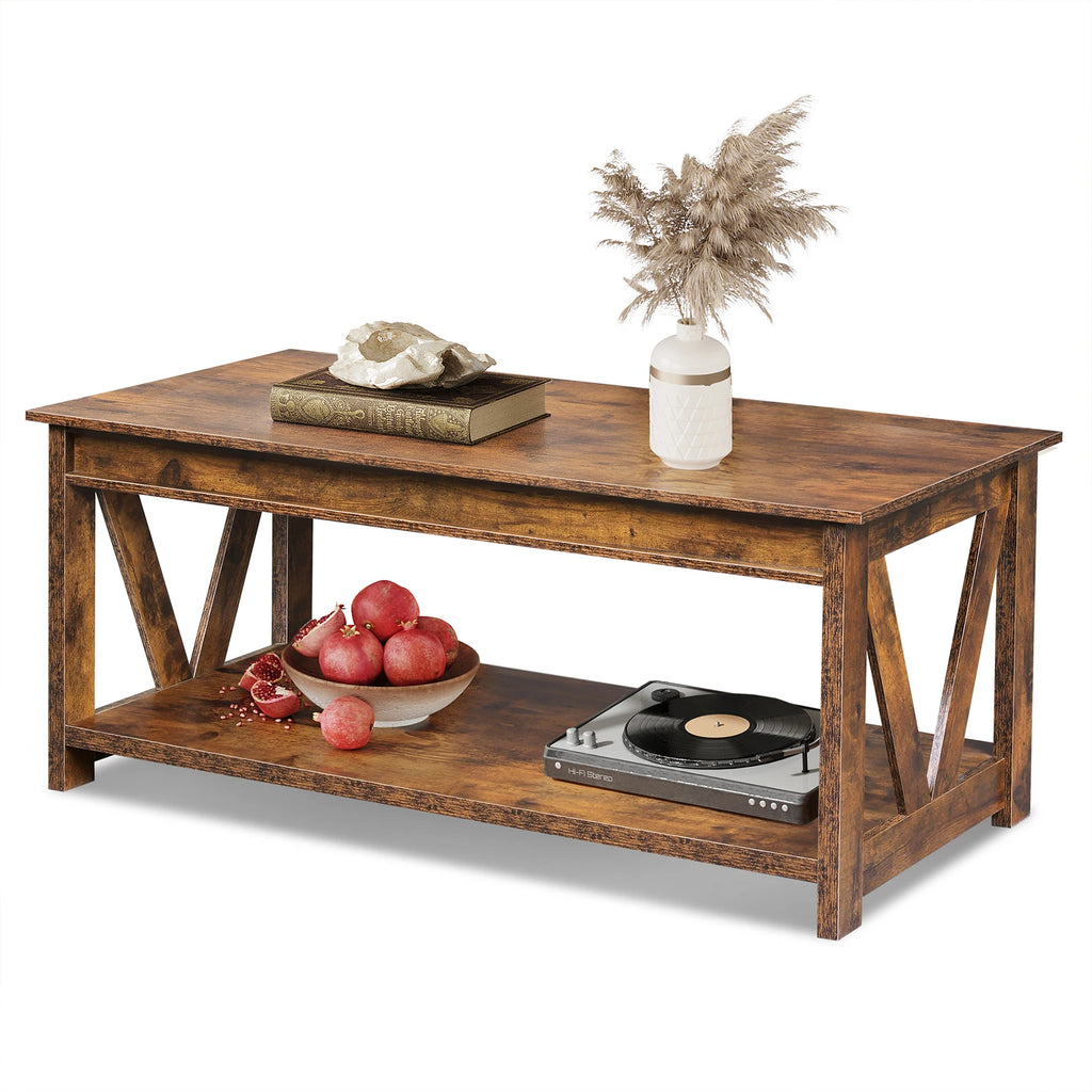 GALAXHERO Coffee Table Storage Shelf Sturdy V Shaped Farmhouse Wood