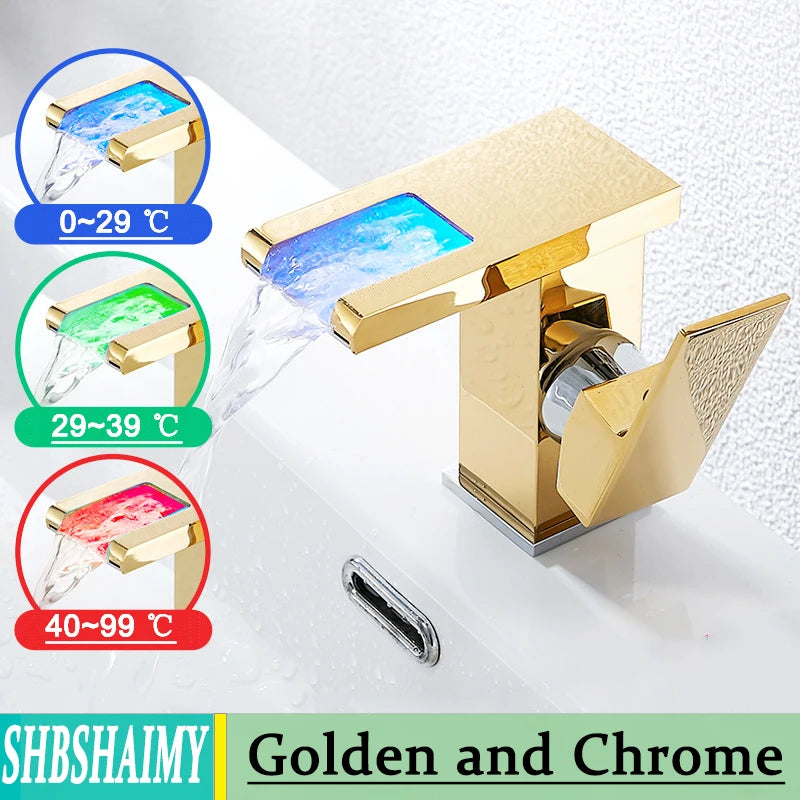 SHBSHAIMY Hydropower LED Waterfall Solid Brass Bathroom Faucet Deck Mounted