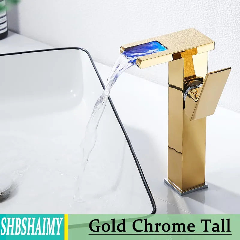 SHBSHAIMY Hydropower LED Waterfall Solid Brass Bathroom Faucet Deck Mounted
