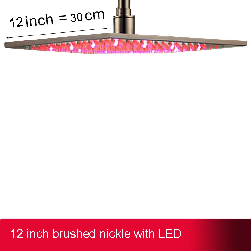 Rainfall Shower Head LED Light 12/16" Large Brass Rainfall Shower Faucet Head Square Shape/Color Changed