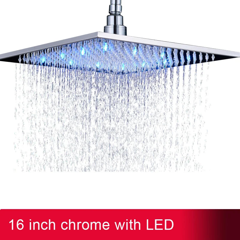 Rainfall Shower Head LED Light 12/16" Large Brass Rainfall Shower Faucet Head Square Shape/Color Changed