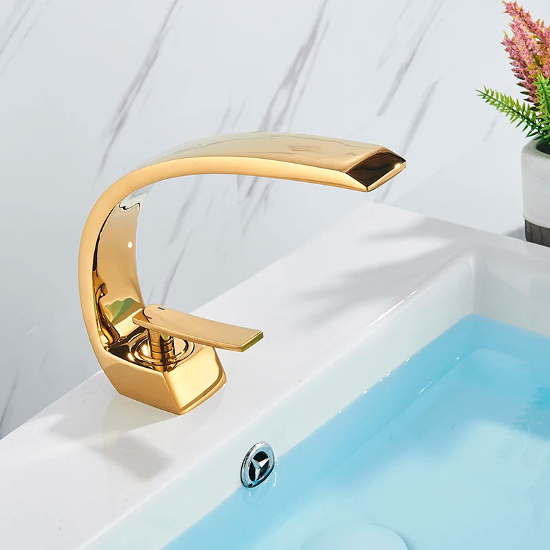 SAFLIHCAR Polished Golden Bathroom Faucet Single Handle Hot Cold Deck Mount