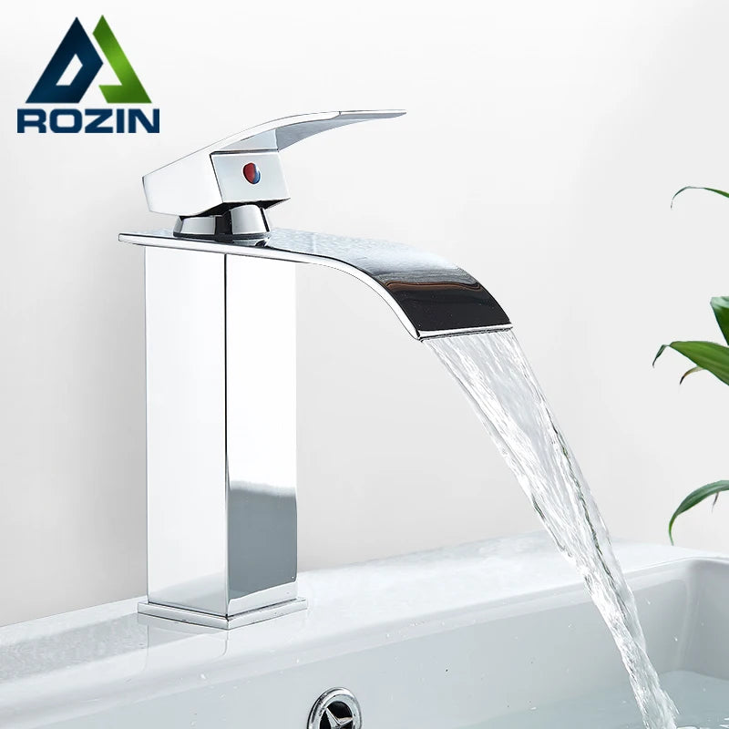Rozin Deck Mounted Bathroom Basin Faucet Waterfall Vanity Sink Hot and Cold Water Mixer Tap,Chrome,Black,Gold Color