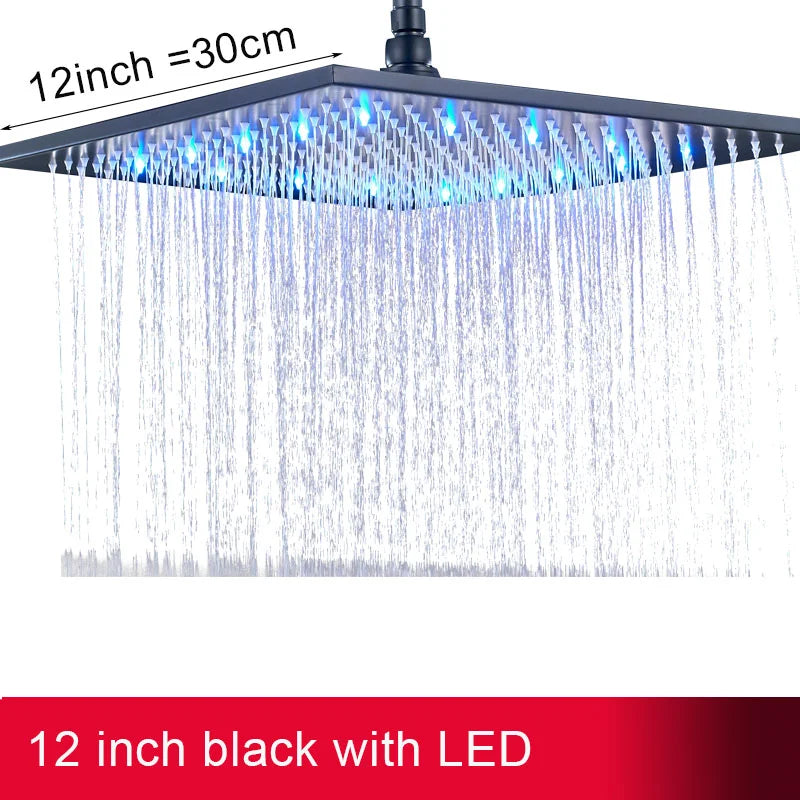 Rainfall Shower Head LED Light 12/16" Large Brass Rainfall Shower Faucet Head Square Shape/Color Changed