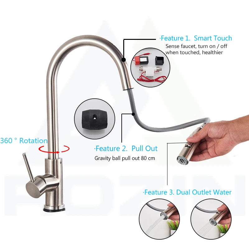 Rozin Smart Touch Kitchen Faucet With Pull-Out Sensor 360 Rotation