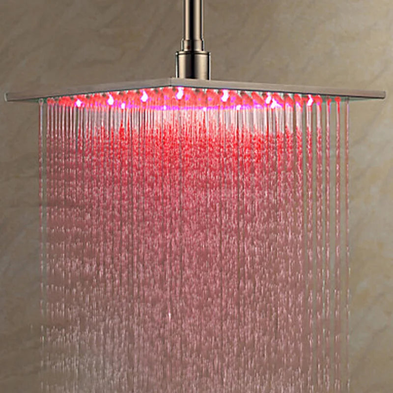 Rainfall Shower Head LED Light 12/16" Large Brass Rainfall Shower Faucet Head Square Shape/Color Changed