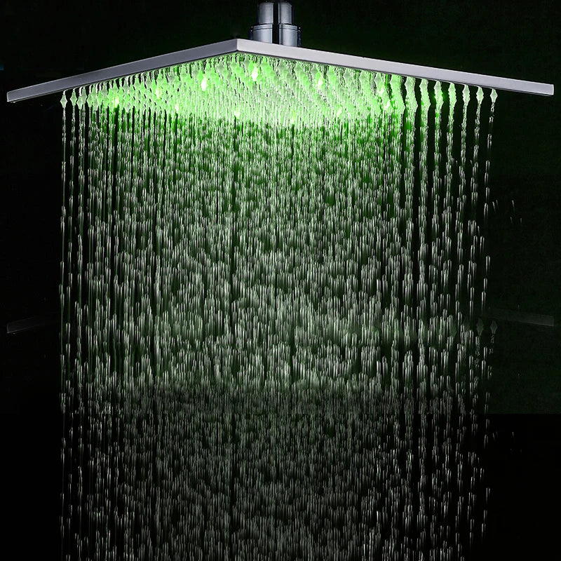 Rainfall Shower Head LED Light 12/16" Large Brass Rainfall Shower Faucet Head Square Shape/Color Changed