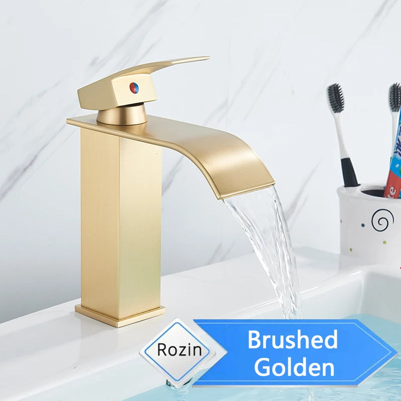 Rozin Deck Mounted Bathroom Basin Faucet Waterfall Vanity Sink Hot and Cold Water Mixer Tap,Chrome,Black,Gold Color