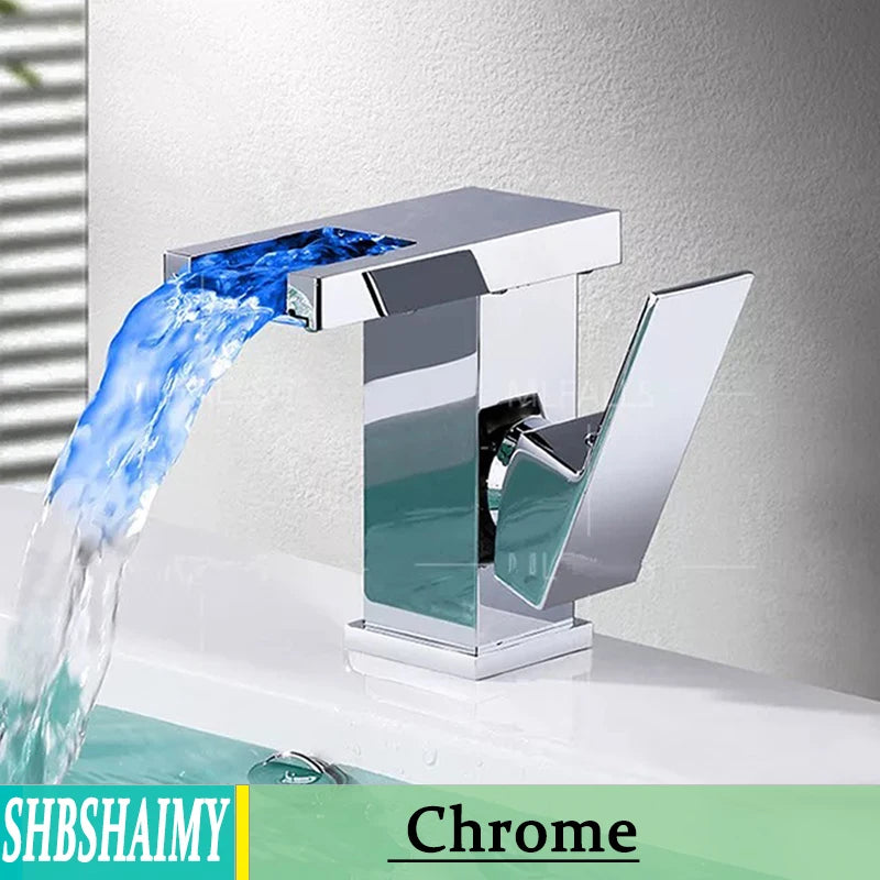 SHBSHAIMY Hydropower LED Waterfall Solid Brass Bathroom Faucet Deck Mounted