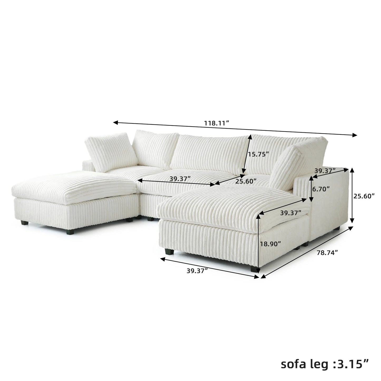 118'' Comfy Plush Fabric Sectional Sofa Couch Modula U-shape Upholstered Couch 3 Seats with 2 Ottomans for Living Room Sofa Set