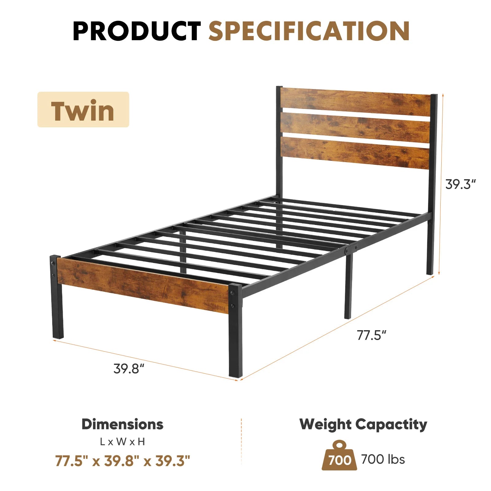 JHK Metal Platform Bed Frame Headboard And Footboard Slats