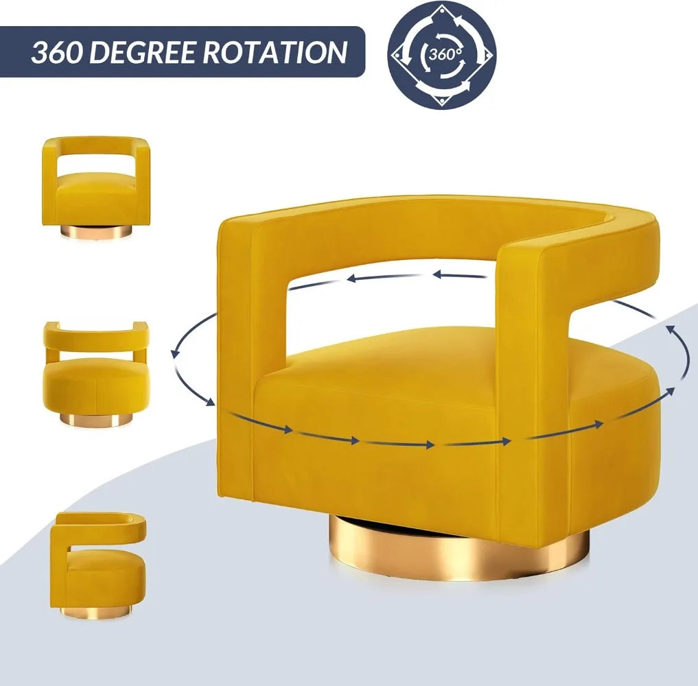 Velvet Armchair With Gold Base And Wood Frame Swivel