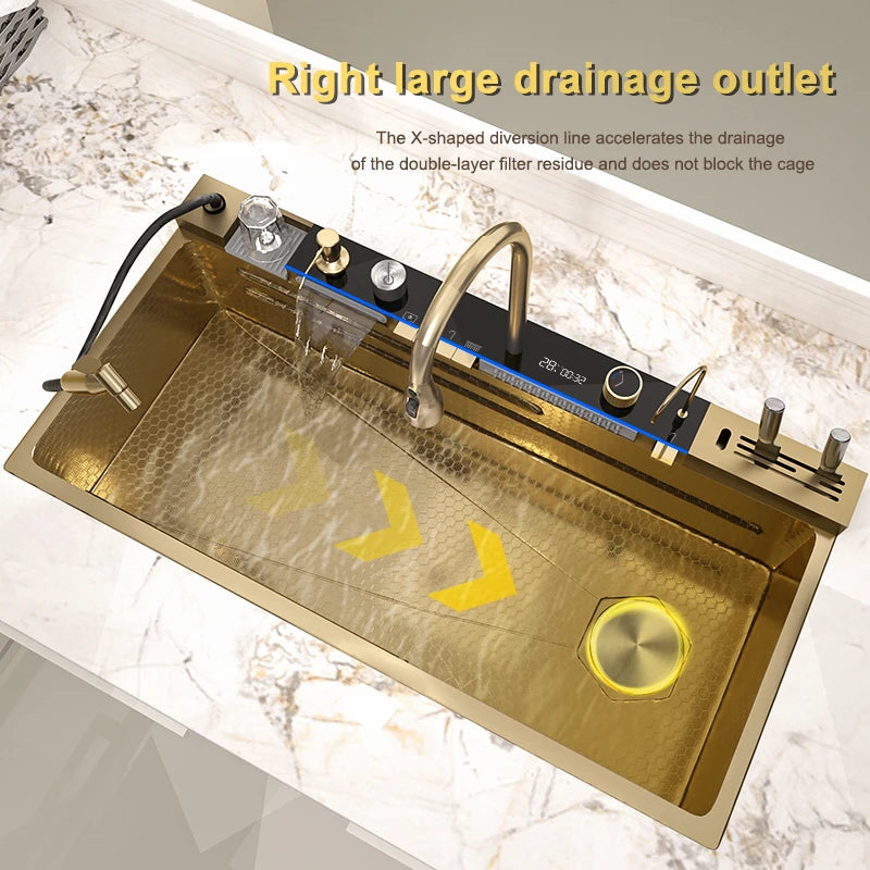 Telisiya Golden Stainless Steel Waterfall Kitchen Sink