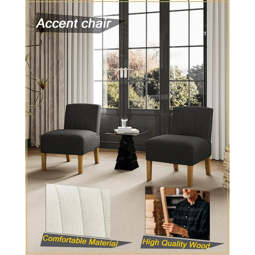 Accent Chairs Set of 2 - Modern Slipper Chairs for Living Room, Solid Wood Legs, Comfy Upholstered Fabric in Black