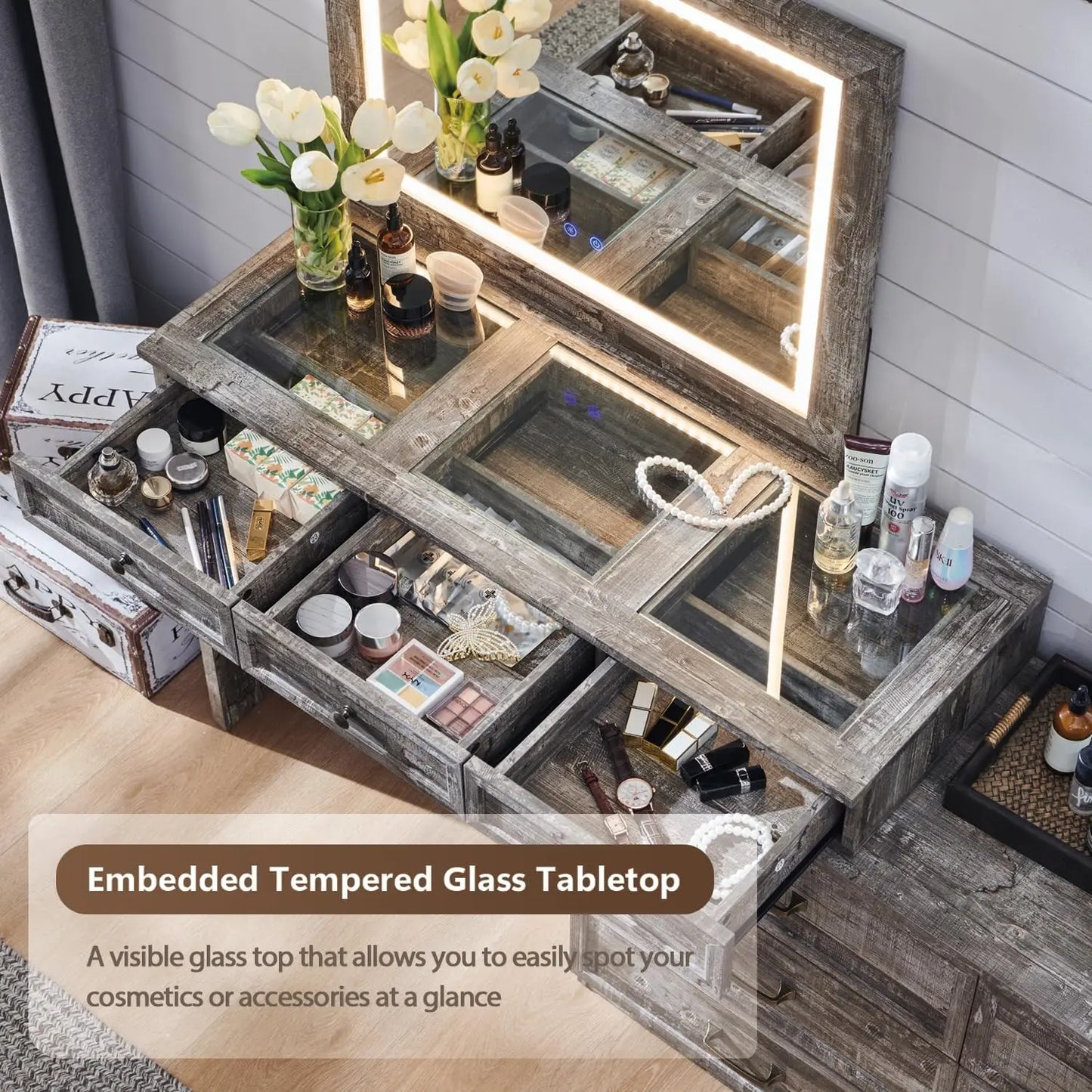 GYROOR Rustic Wood Dresser With Glass Top And Mirror