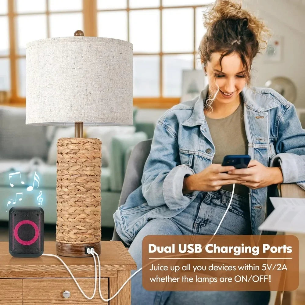 XMSJ Customizable Rattan Table Lamps Set With USB Ports