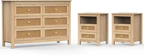 MKDK Boho Rattan Dresser and Nightstands 6 Drawer Set