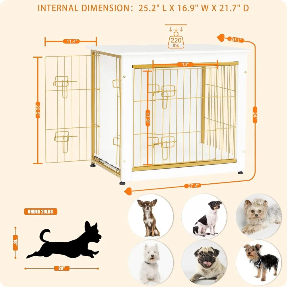 Wooden Dog Crate Furniture With Cushion, Double Doors Kennel Table