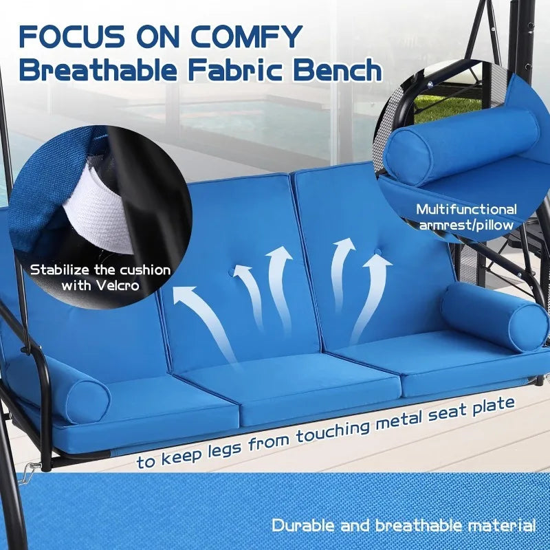 3 Seat Outdoor Porch Swing With Adjustable Canopy And Cushions