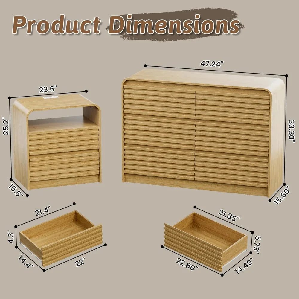 XIAOLANG 3-Piece Dresser and Nightstand Set Modern Fluted Profile