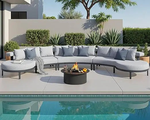 10-Seat Aluminum Outdoor Patio Furniture Set With Modular Curved Conversation All Weather Cushions
