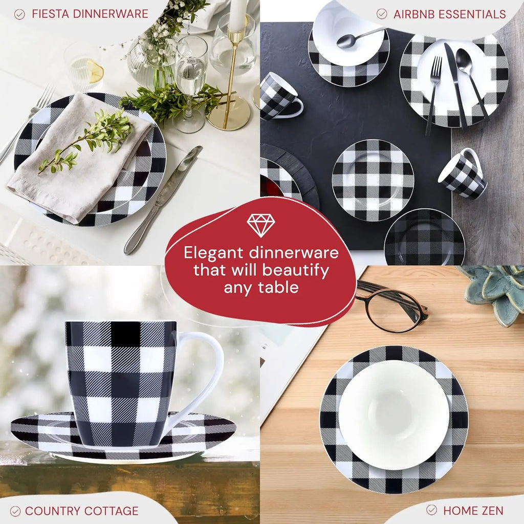 Dishwasher Safe Plaid Dinnerware Set with Mugs for Everyday Use