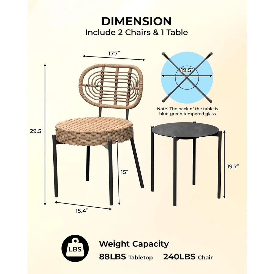 Wicker Patio Bistro Set With Glass Table And Rattan Chairs