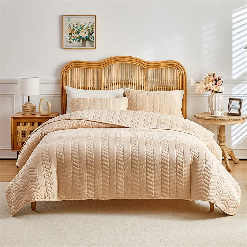 EGWCN Patchwork Bedspread Set Wheat Stripe Pattern 3Pcs Pillowcases