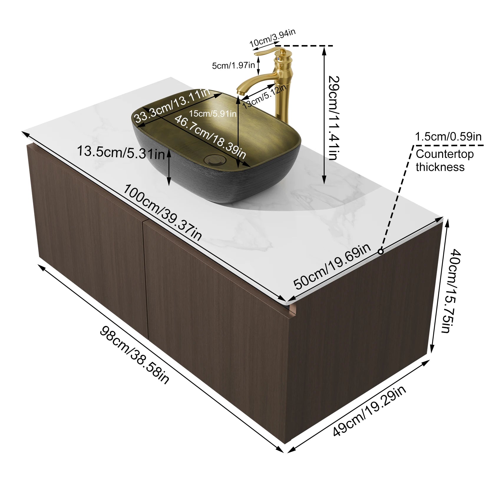 80/100/120CM Modern Floating Bathroom Vanity Sink Combo Wall Cabinet Set Ceramic Basin Stone Top Faucet and Flexible Hoses