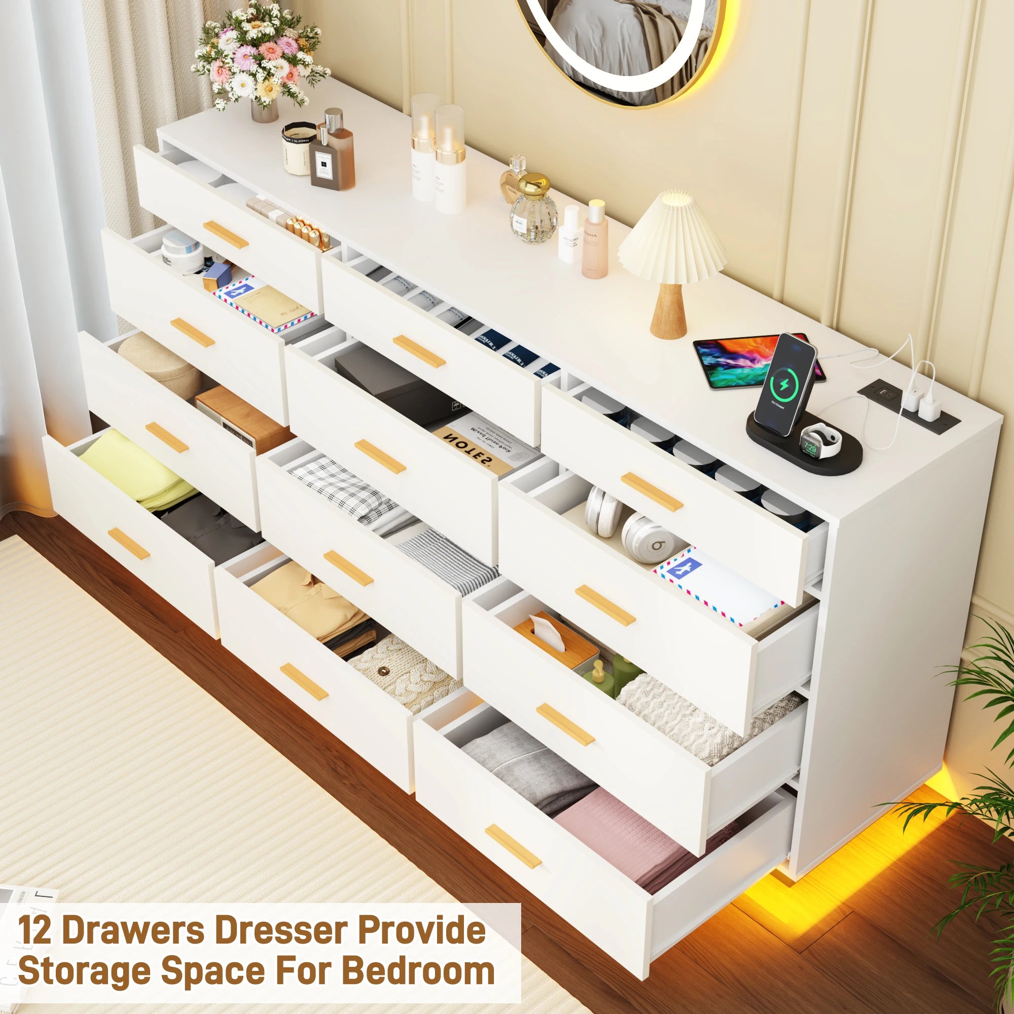 QiaoShiRen Modern Chest Of Drawers With Power Outlets LED