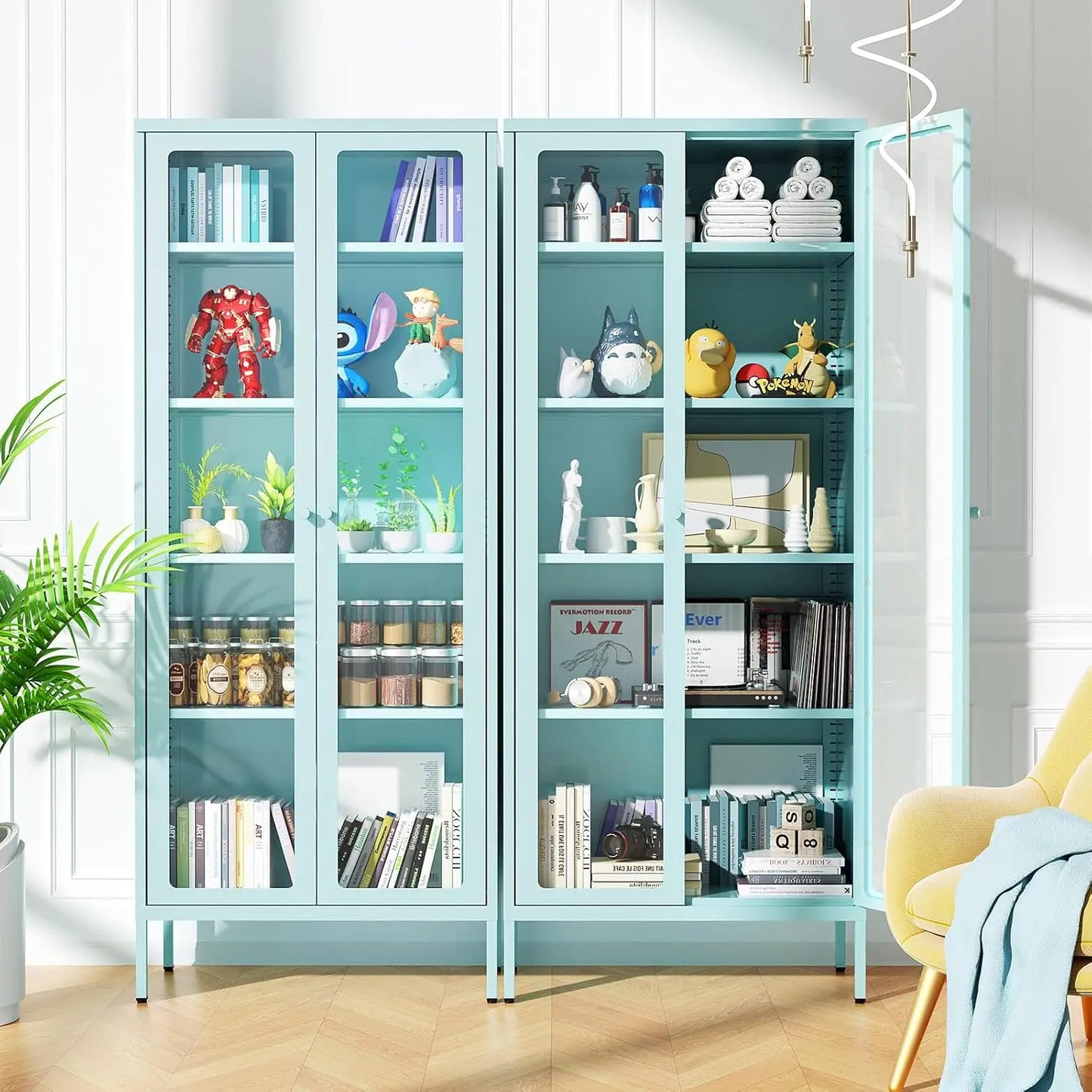 67" Metal Glass Display Cabinet, Storage Cabinet for Collectibles, Curio, China, Books, Display Case with Glass Doors