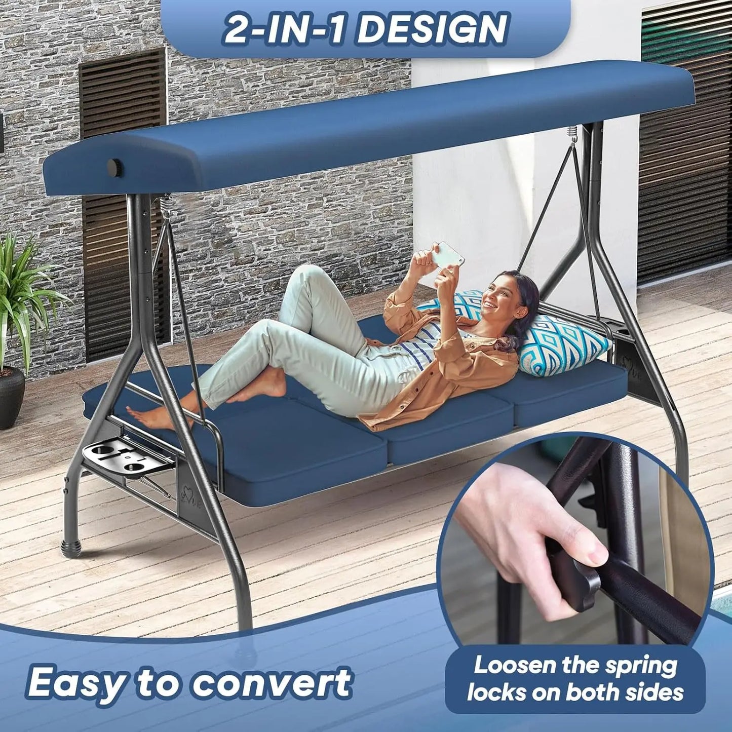 Three Seat Outdoor Patio Swing With Canopy And Convertible Bed
