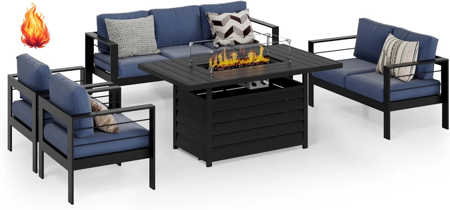 XMSJ Aluminum Patio Furniture Set 7 Seats With Fire Pit