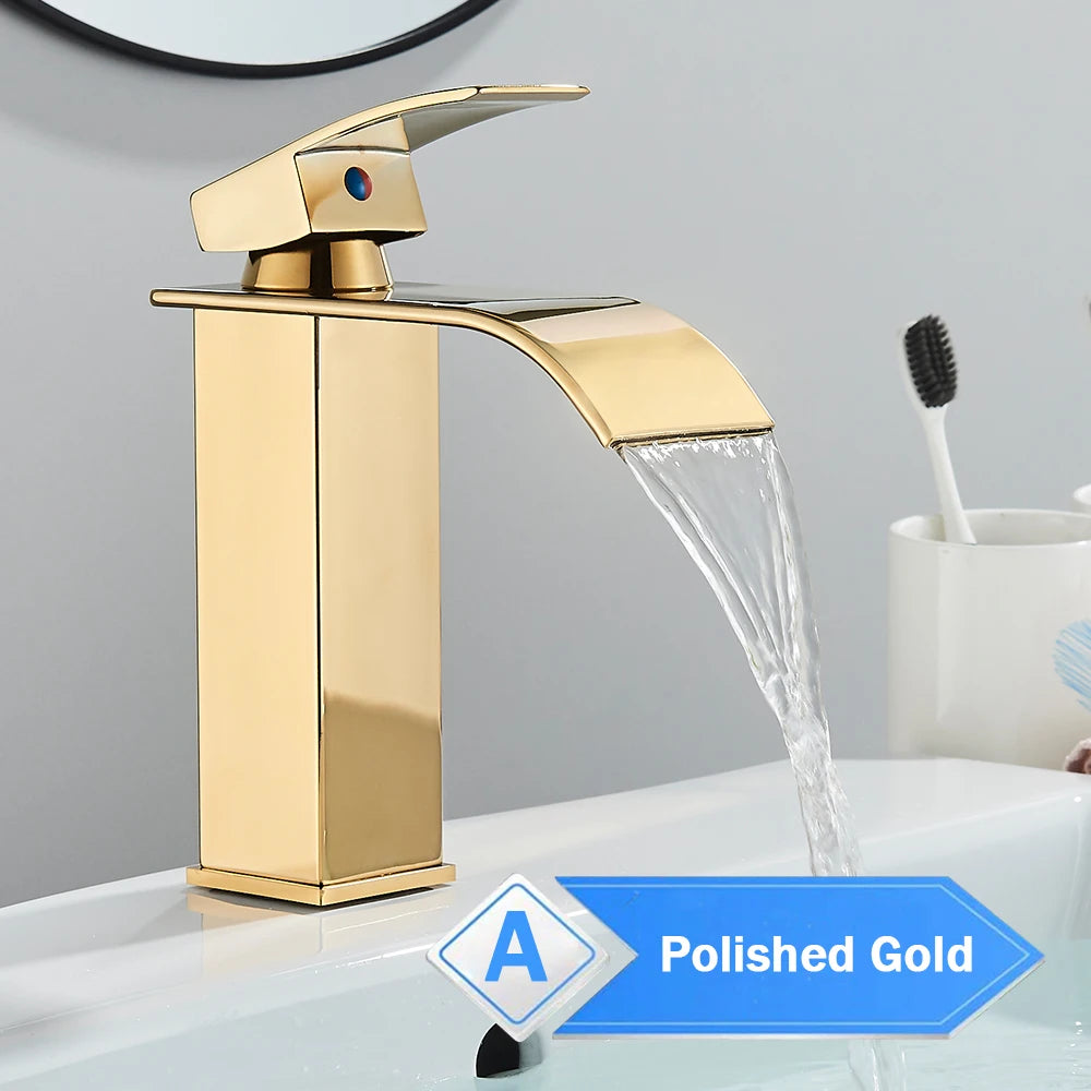 Rozin Deck Mounted Bathroom Basin Faucet Waterfall Vanity Sink Hot and Cold Water Mixer Tap,Chrome,Black,Gold Color