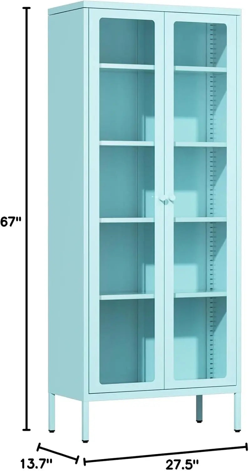 67" Metal Glass Display Cabinet, Storage Cabinet for Collectibles, Curio, China, Books, Display Case with Glass Doors