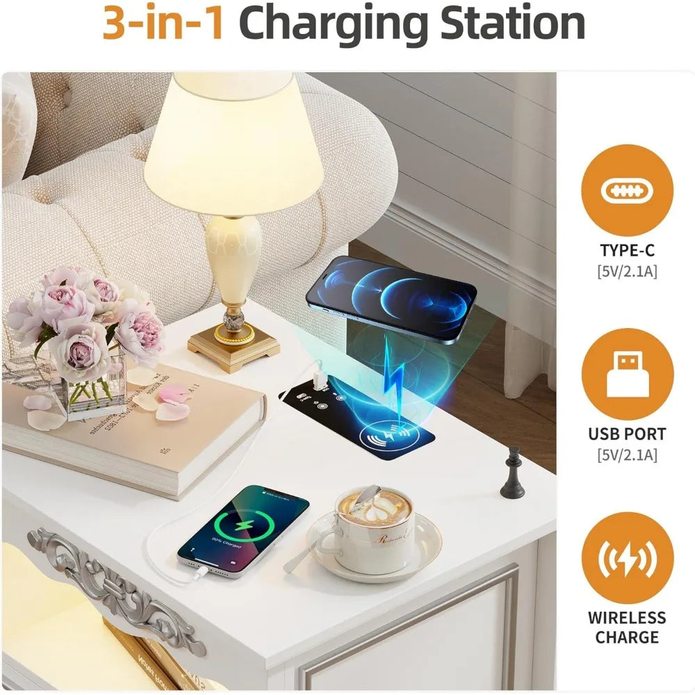 RBXC Farmhouse Nightstand With Gun Drawer LED Lighting And Charging Station