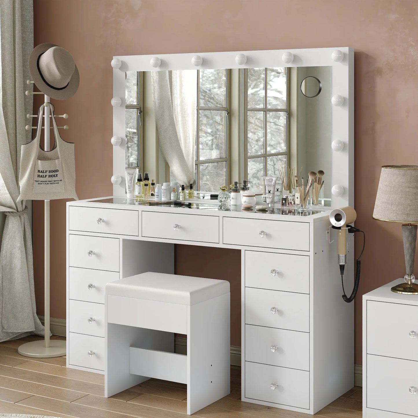 General Use Bedroom Vanity Desk With LED Mirror Drawers