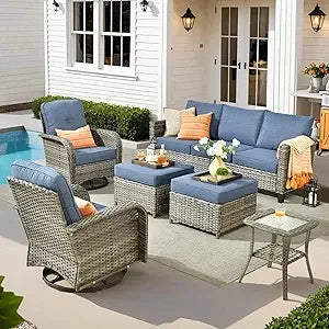 6 Pieces Patio Furniture Set, Outdoor Wicker Sofa Couch with Rocking Swivel Chairs Comfy Cushions, Modern Deep Seat Rattan Conv
