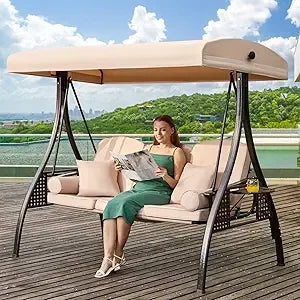 Steel Outdoor Three Seat Porch Swing With Adjustable Canopy