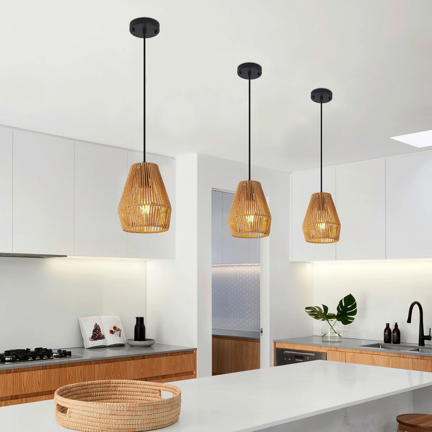 3 Pack Rustic Hemp Rope Pendant Light, Handcrafted Farmhouse Hanging Light Fixture, Adjustable Height Ceiling Lamp (No Bulb)