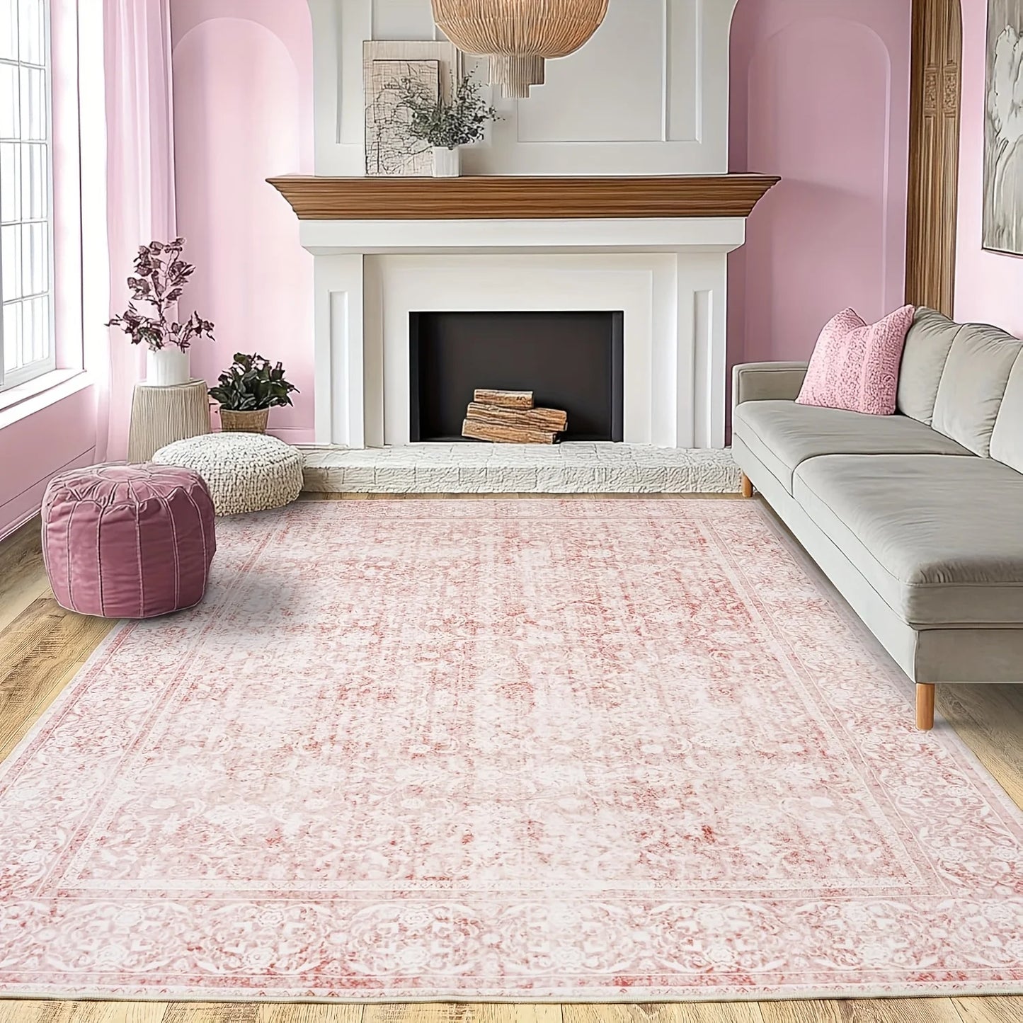 Gnizama pink floral full wall living room large area rug, washable vintage floral living room rug, bedroom large area rug