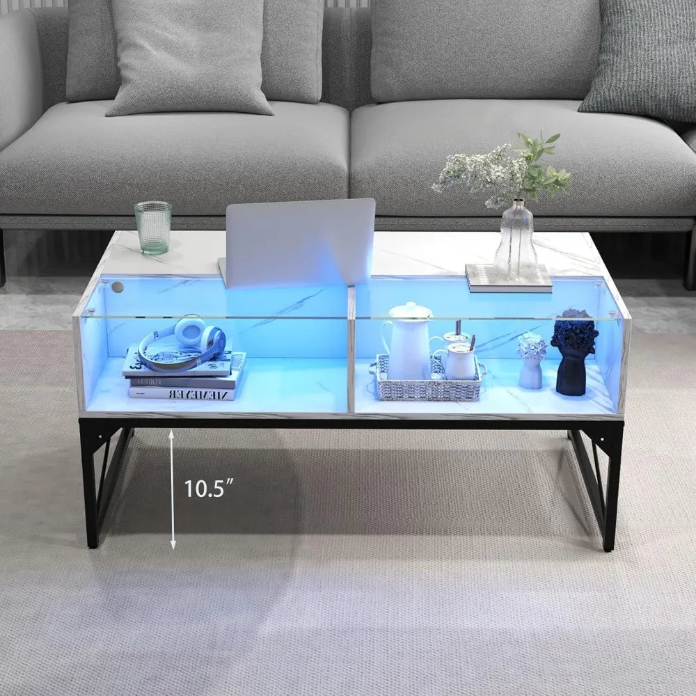 LED Coffee Table With Storage Cubes And Tempered Glass Top
